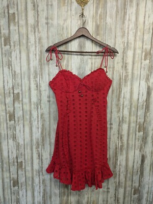 Saints+Secrets Red Eyelet Mini Dress M Valentines Day Ruffle Tie Straps NWT  | eBay