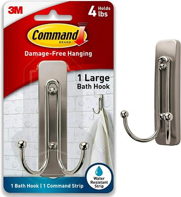 Command Large Double Bathroom Wall Hook, Damage Free Large, Satin Nickel 