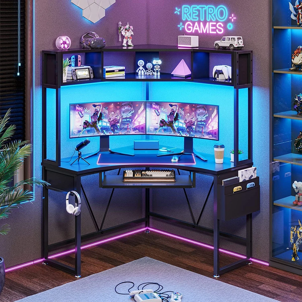 Corner Desk Small Computer Desk w Hutch LED Lights Triangle Corner Gaming Desk
