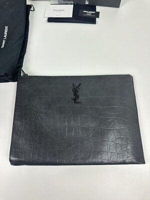Vintage YSL Clutch Bag Logo Black★ Yves Saint Laurent Vintage Black YSL Logo Saffiano Leather Clutch