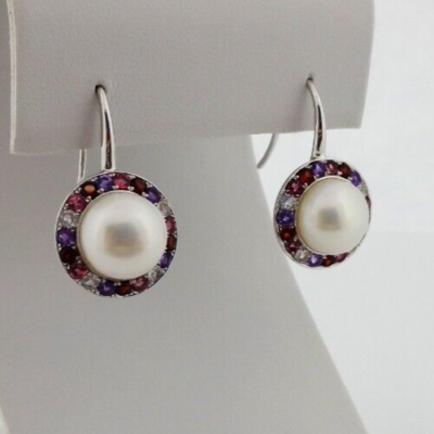 925 Sterling Silver Round 10mm Big Pearl Multi Colored CZ French