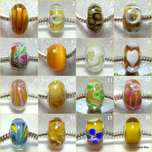 'NUANCES DE JAUNE' -1 X Perle européenne en verre de Murano plaqué argent jaune/ambre - Photo 1/26