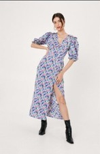 [US4] Nasty Gal Small Floral Puff Bell Sleeve Split Front Maxi Dress Cottage