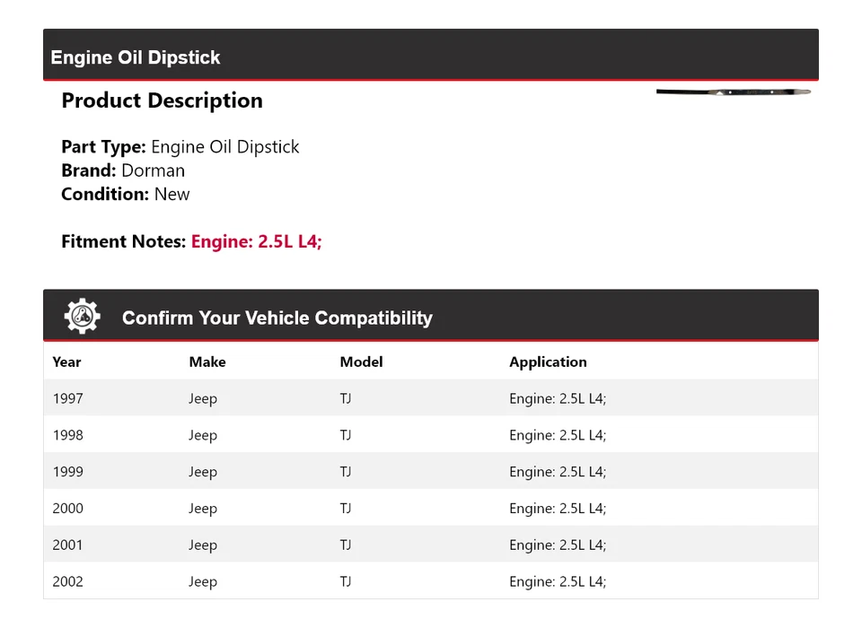 For 1997-2002 Jeep TJ 2.5L L4 Dorman Engine Oil Dipstick 1998 1999 2000 2001 - Image 2 of 4
