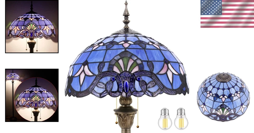 Blue Purple Tiffany Floor Lamp - Stained Glass Reading Light - Image 2 of 4