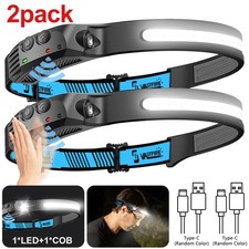 2X 1*COB LED Headlamp Sensor Fishing Light Bar Head Lamp USB Rechargeable Light