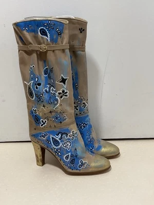 Bottes En Cuir Beige Avec Motif Bandana - Made In Italy -Taille 39,5 - Photo 1/4