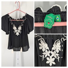 Farm Rio Copacabana Embroider Pleated Tie Black Rayon Peasant Boho Blouse Petite