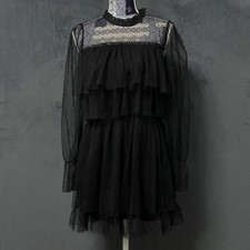 Forever 21  Long Sleeve Dress Juniors L Black Mesh Swiss Dot Ruffle High Neck