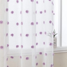 MYSKY HOME Purple Pom Pom White Semi Sheer Short Curtains for Girls Bedroom