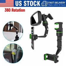 360°Car Rearview Mirror Rotation Adjustable Phone Holder Mount Multifunction LOT