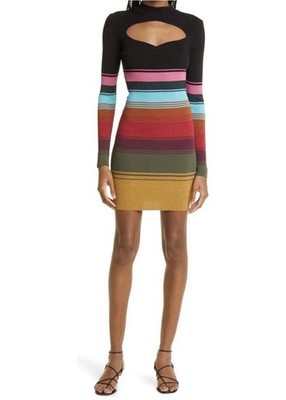 staud striped knit dress NWT Clara Black Multi Color Stripe Cutout Ribbed Sweater Size S Staud wylie dress