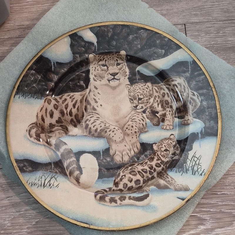 Snow Leopard Family Ceramic Decorative Plate Wild Animal Collectible