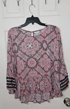 Crown & Ivy Tunic Top Sz L Boho Artsy Crochet Bell Sleeves Hippie Gypsy Prairie 