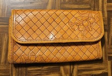 Vtg Handmade Large Leather Clutch Hand Tooled Basketweave Artisan Western Folio