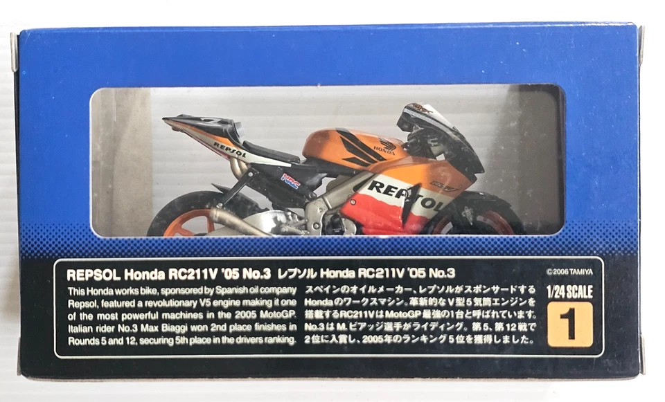 Diecast MotoGP Repsol Honda Rc211V '05 No.3 Biaggi brand 1/24 scale  Tamiya - Image 2 of 2