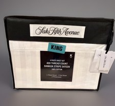 Saks 5th Avenue KING 100% Cotton Sheet Set Hemstitch Damask Stripe 4 Piece New