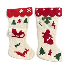Vintage Felt Christmas Stockings 2 Red White Green Unfinished Santa Sleigh Reind