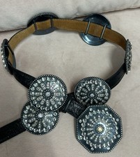 Tony Lama Black Ostrich Quill Leather Crystal Concho VTG Cowgirl Belt sz 36 USA