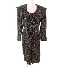 CHRISTIAN DIOR Vintage Silk Blend All-Over Print Big Collar Shirt Dress Black