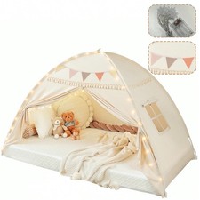 Kids Twin Size Bed Tent with Lights Flags Portable Indoor Playhouse Canopy Gift