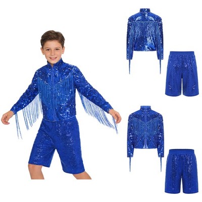 US Kids Tassel Jacket And Shorts Birthday Outerwear Clothes Zip Up Sequin Coats