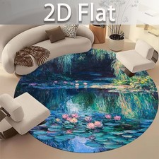 2D Flat Monet Water Lilies Landscape Carpet, Large Non-Slip Round Rug for Dining