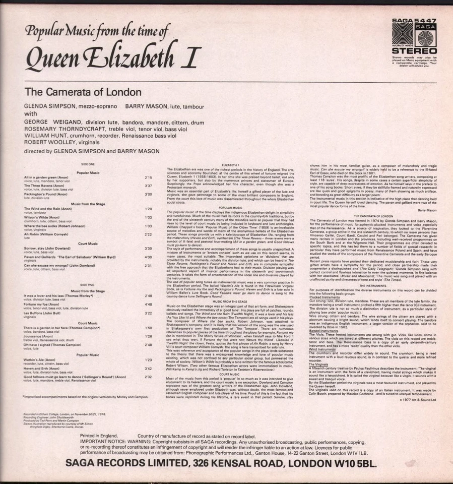 5447 Camerata of London Popular Music From the Time of Queen Elizabeth I LP - Photo 2/4
