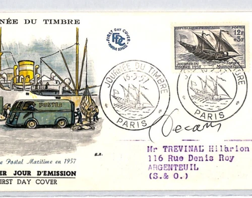FRANCE 1957 FDC Maritime Postal Service Cover SIGNED Designer DECARIS Ship RF250