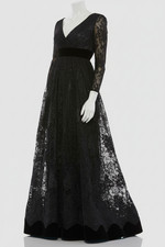 Mac Duggal Women's Black Lace Wrap Over Velvet A-Line Dress Gown Size 6