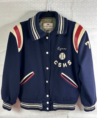 VTG 70'S HIGH SCHOOL LETTERMAN BLUE VARSITY JACKET W/LEATHER GIRLS SOFT BALL*S/M