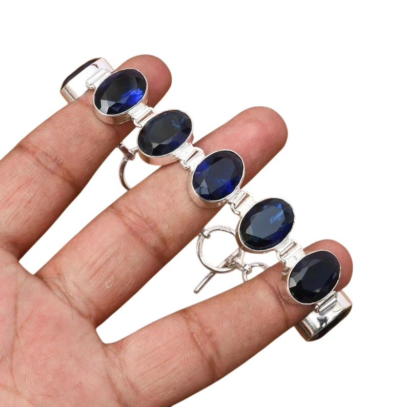 Brazalete de plata de ley 925 con piedras preciosas de zafiro azul hecho a mano tamaño-8" Foto 3 de 4