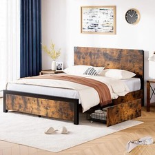 Full Size Bed Frame Wood Headboard ,Metal Platform Bed Frame w/4 Drawers Modern