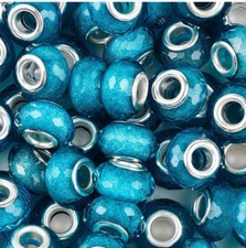 100Pcs Faceted Lake Blue Silver Large Hole Acrylic European Beads 10 14mm
