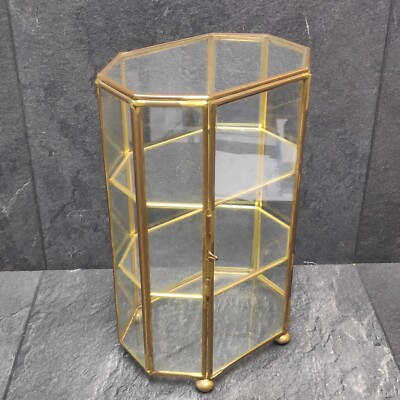 Small Display Cabinet Octagonal Glass Brass Approx 21.5cm Vintage Cupboard 