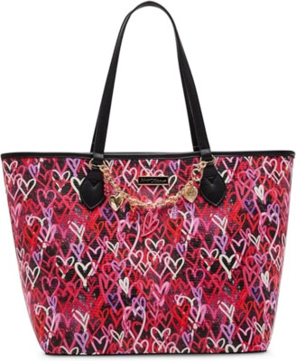 Betsey Johnson Graffiti Love Tote Charm Bracelet Black Red Hearts Shoulder  Bag