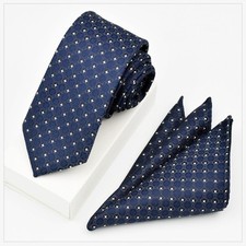 Hot Men's Blue Lattice Polyester Business Wedding Partying Hanky  Silk Tie Set