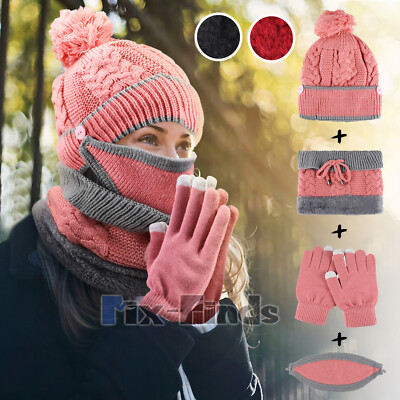 4Pcs/Set Womens Winter Warm Knit Beanie Hat Neck Scarf Mask & Touchscreen Gloves