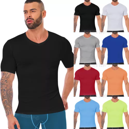 Men's V-neck T-shirts Compression Quick Dry Bodybuilding Muscle Short Sleeve Tee - Picture 1 of 26