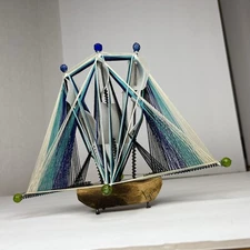 Vintage String Art Sailboat 10” Long Tijuana Handmade Unique