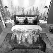 Grey Forest Queen Comforter Set 7 Piece Rustic Woodland Pine Tree Bedding Set...