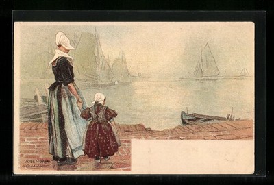 Artist postcard H. Cassiers: Volendam, mother with child by the water 