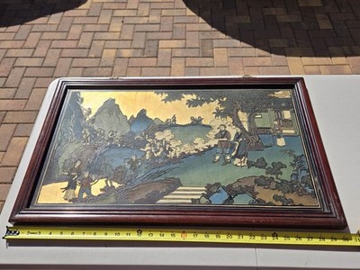 Vtg Japanese Lacquered Carved Colored Painting On Wooden Board Textured 18.5x30