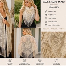 Vintage 1970s  1980s Ivory Floral Lace Shawl Wrap, Boho