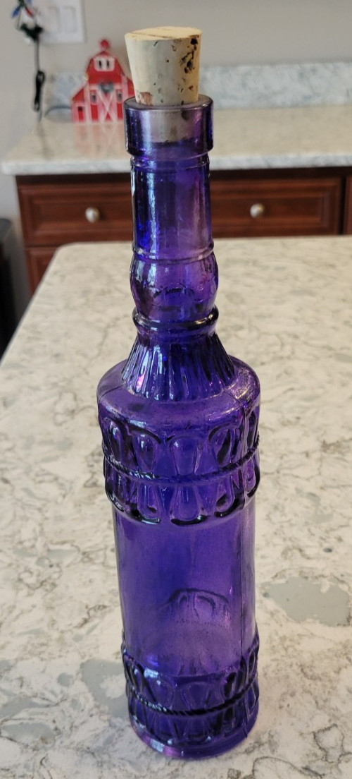 Cobalt Blue Purple Imperial Glass Bottle Rope Design 11.5" Tall Vintage w Cork