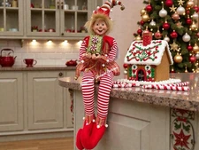 Elf 30” Shelf Sitting Posable Legs Red With Bells Present Christmas Decor New