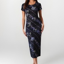 VTG 90s Positive Attitude Dark Floral Rayon Sheath Midi Dress M 10 Tie Back USA