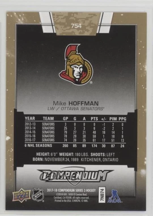 2017-18 Upper Deck Compendium Gold Mike Hoffman #754 - Image 2 of 2
