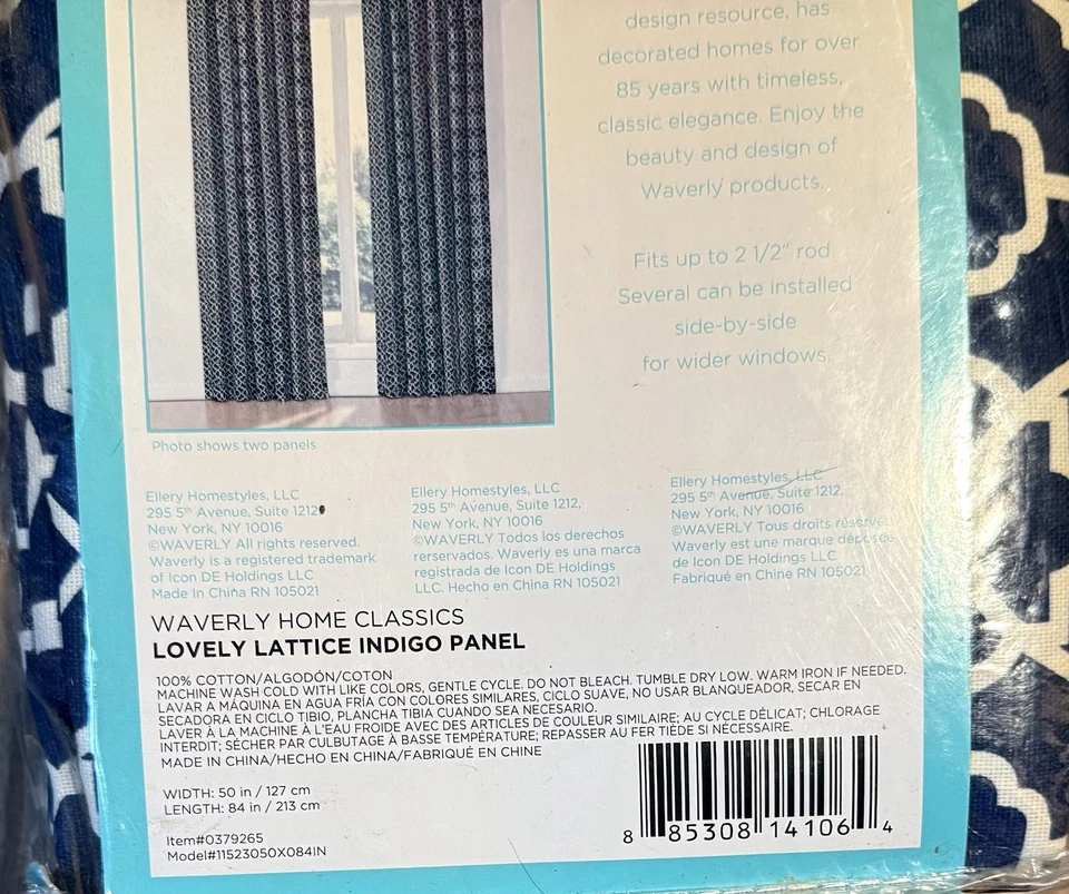 Panel de lengüeta trasera Waverly Home 50" W x 84" L celosía azul índigo NUEVO Foto 3 de 3
