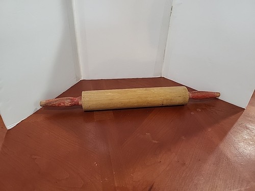 Rolling pin legno vintage manici rossi 17,5 in totale maniglie 10 in rullo - Foto 2 di 4